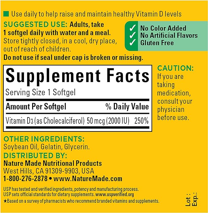 Nature Made Vitamin D3 2000 IU (50 mcg), 90 Softgels, 90 Day