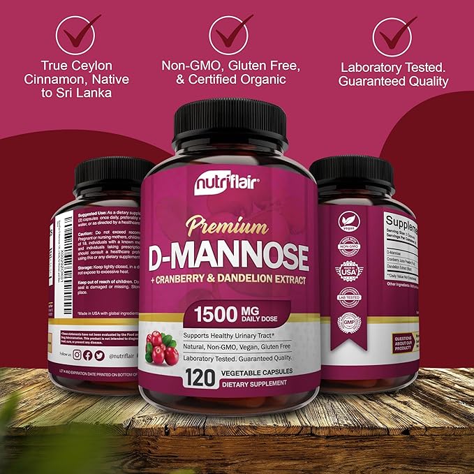 NutriFlair D-Mannose 1500mg, 120 Capsules - with Cranberry and Dandelion Extract - Natural Urinary Tract Health UTI Support - Best D Mannose Powder - Flush Impurities, Detox Body, for Women and Men