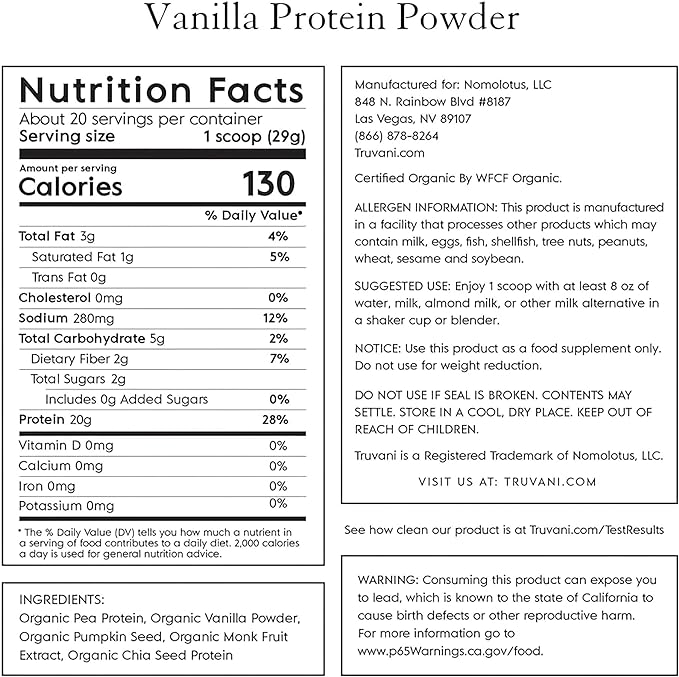Truvani Pea Protein Powder, Vanilla, 20.9oz, 1pk, 20 20 Servings