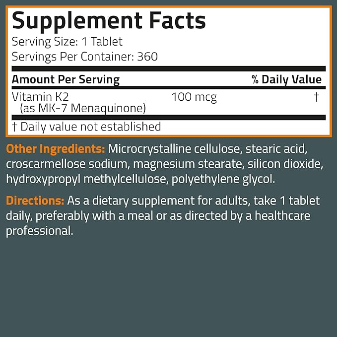 Bronson Vitamin K2 MK-7 100 MCG, K2 as MK7 Menaquinone, 1 Year 360 Tablets