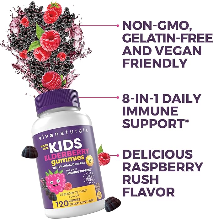 Viva Naturals Sugar-Free Sambucus Elderberry Gummies for Kids, 8-in-1 Children Immune Support with Vitamin C & Zinc – Chewable, Vegan & Gluten-Free (120 Count) for Daily Wellness
