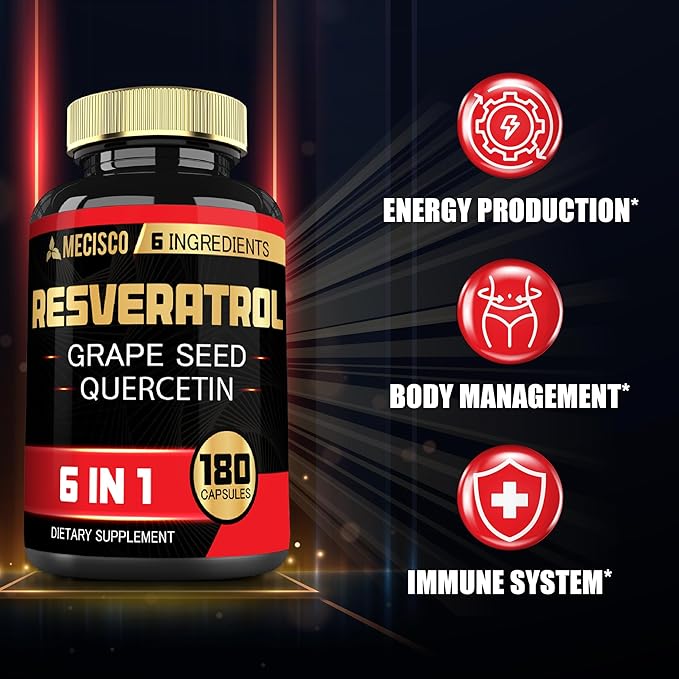 6in1 Trans Resveratrol Supplement with Grape 1000mg Organic 180 Capsules