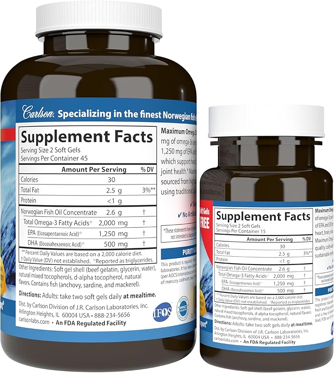 Carlson - Maximum Omega 2000, 2000 Omega-3 Fatty 90+30 Softgels