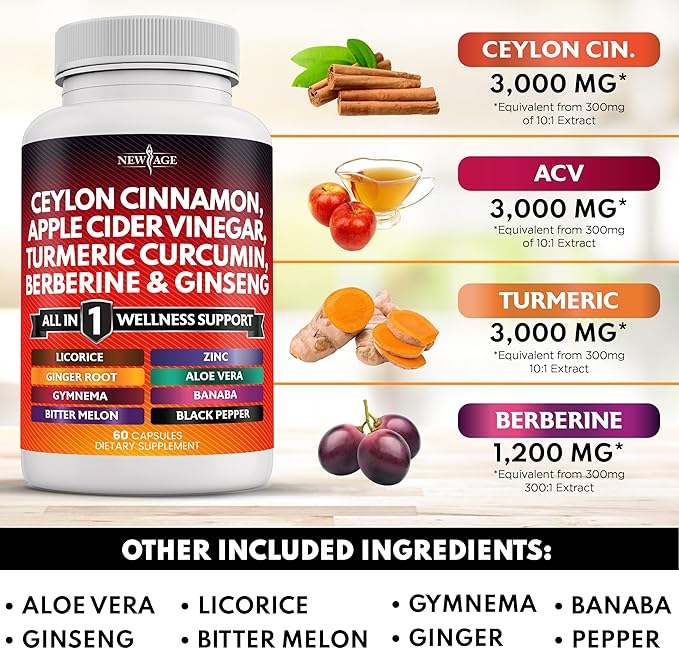 Ceylon Cinnamon 3000mg Turmeric 3000mg Apple 3000mg Ginseng 2000mg Aloe 2000mg Berberine 1200mg Plus 120 Count