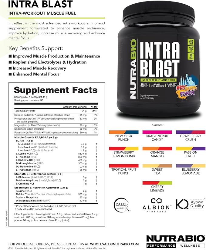 NutraBio Intra Blast Bcaa Powder Amino Acid Supplement, Electrolyte & Hydration Blend, Intra, Pre Workout & Muscle Recovery, 20g Eaa Amino Acids Powder, 5g Glutamine- Grape Berry Crush, 30 Serving