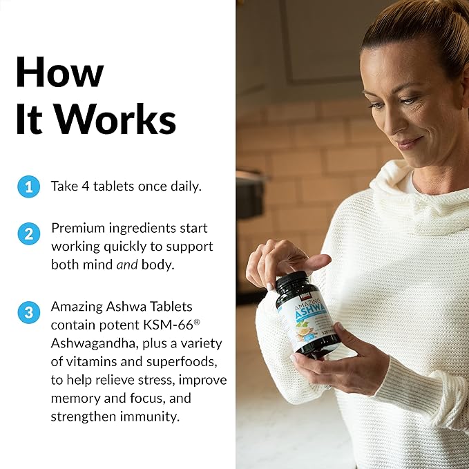 FORCE FACTOR Amazing Ashwa for Stress Relief, Memory, Focus, and Immune Support Health, Ashwagandha Supplement with KSM-66 Ashwagandha for Stress, Vitamins, Minerals, and Antioxidants, 120 Tablets