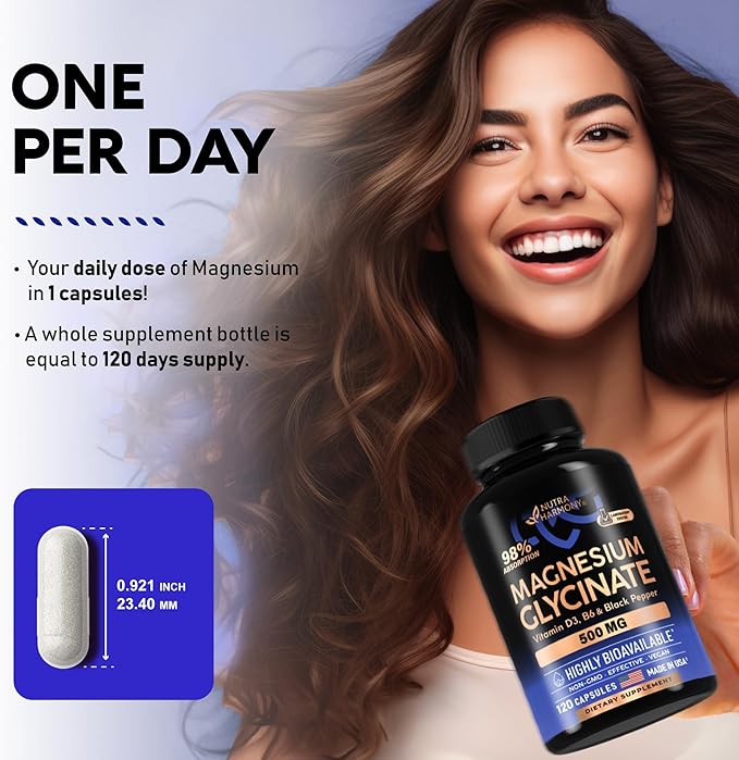 Magnesium Glycinate 500 mg D3 & B6 - 98% Absorption 120 Capsules, 4 Month