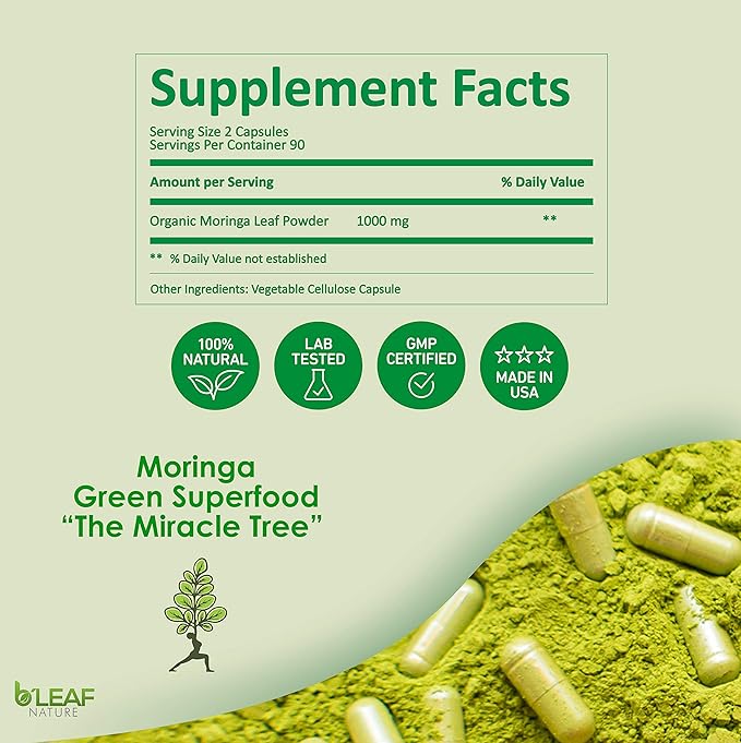 B’Leaf Nature Pure Organic Moringa Oleifera 1000mg - 180 Capsules