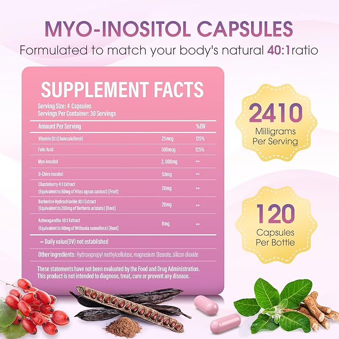 Inositol Supplement - Myo-Inositol and D-Chiro Inositol Plus Chasteberry,Berberine & Ashwagandha - Ideal 40:1 Ratio, Hormone Balance & Ovarian Support PCOS Supplements for Women-120 Capsules