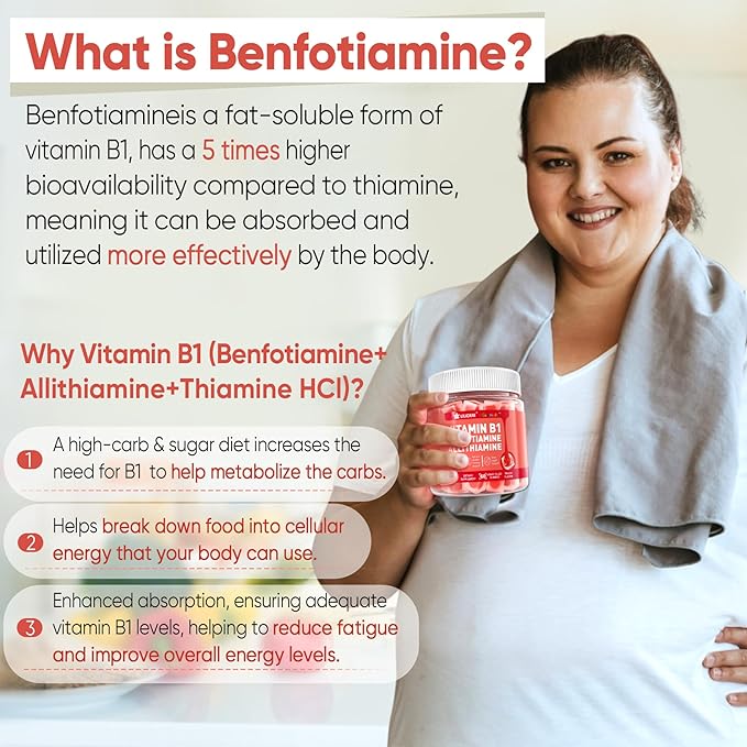 Vitamin B1 Gummies, Benfotiamine 300mg Allithiamine 50mg Thiamine 100mg +8 Vitamin B Complex,Inositol for Women Men, Includes Niacin, L-methylfolate, Methyl B12 for Nerve Energy Overall Health, 60Cts