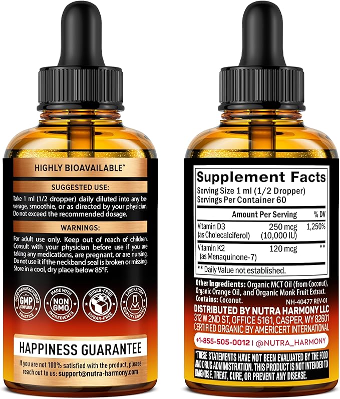 Vitamin D3 K2 USDA Organic Drops - Vitamin D3 10000 IU & K2 as MK-7 120mcg - Immune & Mood Support, Bone & Teeth Health - Sugar-Free Orange Flavor - Liquid Supplement - Made in USA - 2 FL OZ, 60 Days