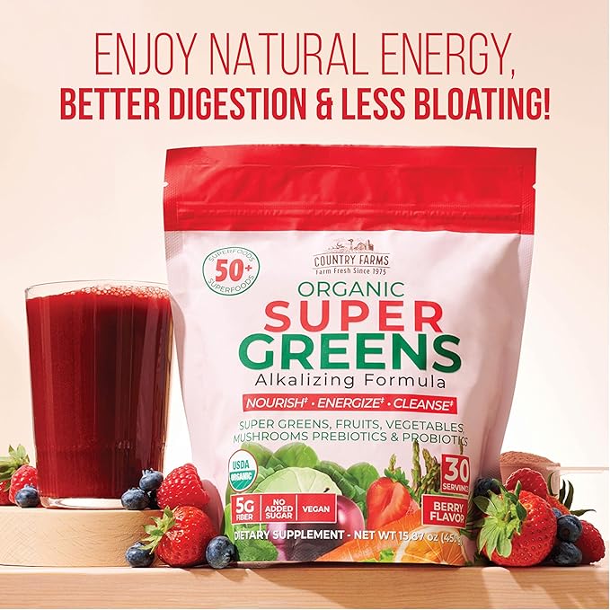 COUNTRY FARMS Super Greens Berry Flavor, 50 Organic 30 Servings