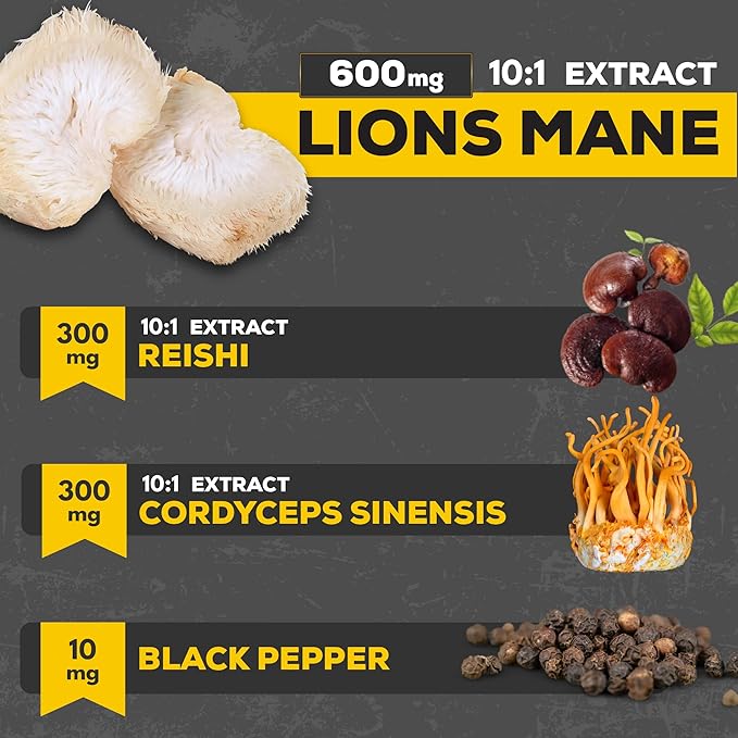 4in1 Lions Mane Supplement Capsules 60 Vegan 1210Mg Mushroom