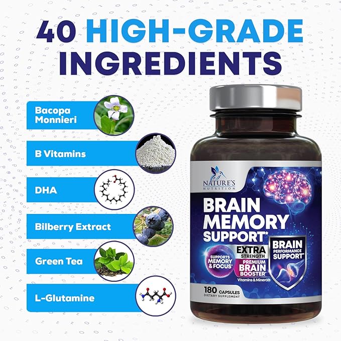Nootropic Brain Supplements for Memory and Focus - 40 Nootropics & Vitamins to Support Clarity & Concentration, Brain Health Memory Pills with Phosphatidylserine Bacopa Huperzine & DMAE - 180 Capsules