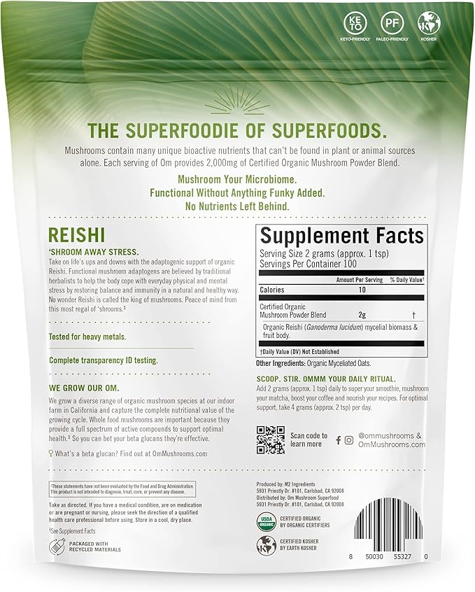 Om Mushroom Superfood Reishi Organic Mushroom Powder, 7.05 Ounce Pouch, 100 Servings, Adaptogen, Stress & Immune Support, Superfood Mushroom Supplement