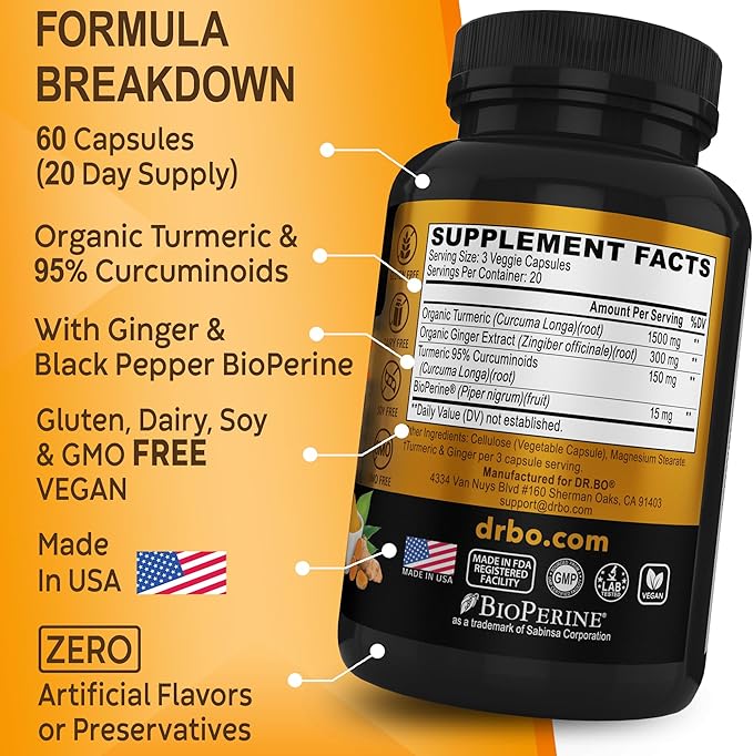 Turmeric Curcumin with BioPerine & Ginger Supplement 1950mg Organic 60 Capsules