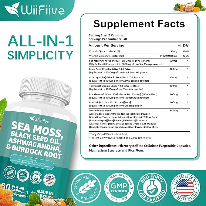 Sea Moss 3000mg Black Seed Oil 2000mg Ashwagandha 1000mg Burdock 1000mg Turmeric 1000mg Irish D3 Yellow 60 Count