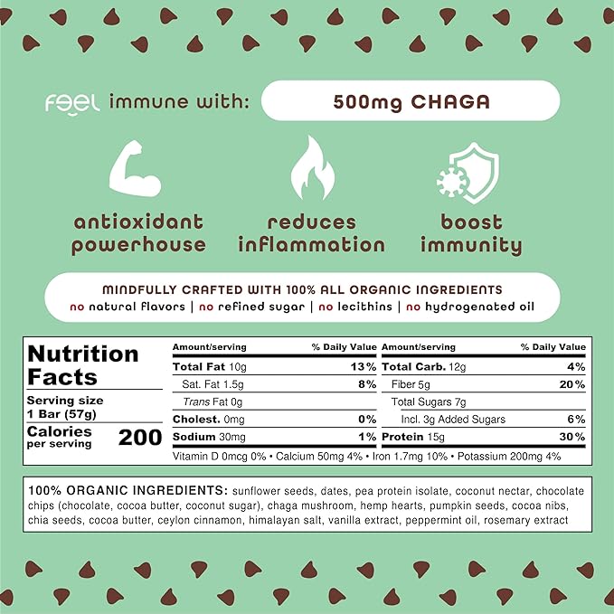 Feel Vegan Protein Bars | Mint Chocolate Chip | Keto | Gluten Free | Organic | Chaga Mushroom | 15g Plant Protein | Low Carb | High Protein | Dairy Free | Low Sugar | Grain Free | Nut Free | Soy Free