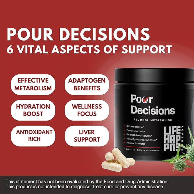 Life Happns Pour Decisions Liver Health Supplement with Milk Thistle, Vitamin B6, Electrolytes - Supports Hydration and Recovery, 60 Capsules
