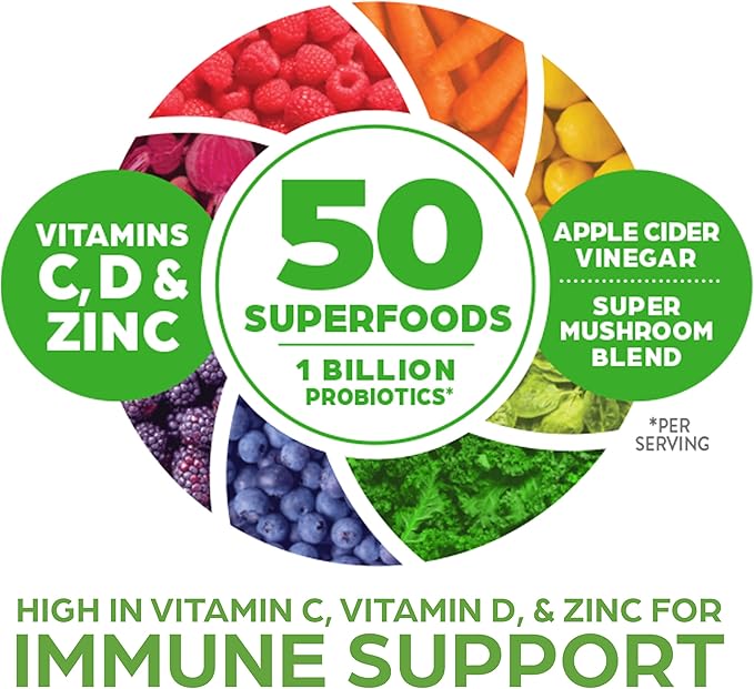 Orgain Organic Greens + 50 Superfoods Immunity Up! Powder, Honeycrisp Apple - Immune Support, Probiotics, Vitamin C, D & Zinc, Apple Cider Vinegar, Ashwagandha, Cordyceps & Reishi Mushrooms - 0.62lb
