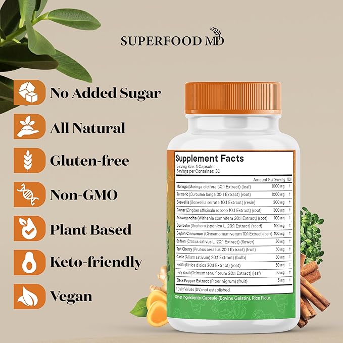 Turmeric Moringa Supplement | Ginger, Boswellia, Saffron, Holy Basil- Joint Support Supplement for Women and Men with Ceylon Cinnamon, Quercetin, Tart Cherry- 120 Count