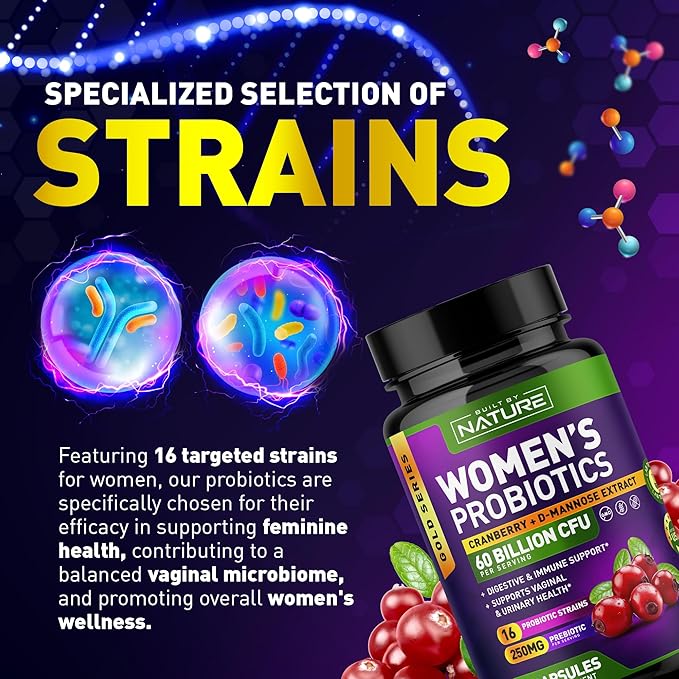 Probiotics for Women - 60 Billion CFUs, 16 Strains, with Cranberry, D-Mannose & Prebiotics - Supports Digestive, Immune, & Vaginal Health - Non-GMO, Dairy & Gluten-Free - 60 Veggie Capsules