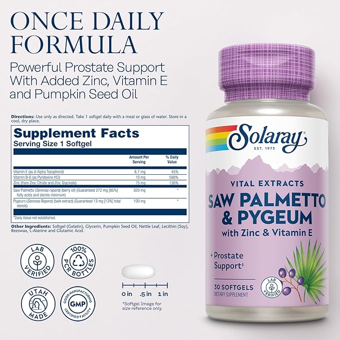 SOLARAY Saw Palmetto and Pygeum 60-Day Guarantee 30 Servings, 30 Softgels