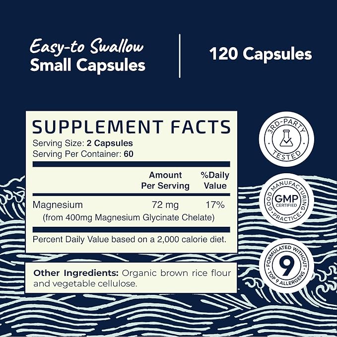 Magnesium Glycinate 400mg | High Absorption Formula for Sleep, Calm, Muscle Relaxation, Heart, Bone & Nerve Support for Women & Men | Chelated Magnesium Glycinate Supplement | 120 Ct (2 Month Supply)