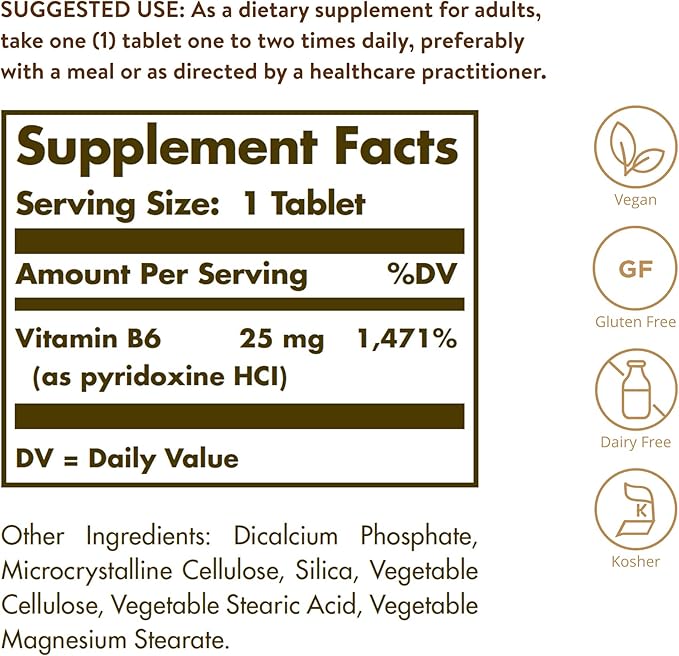 Solgar Vitamin B6 25 mg, 100 Tablets 100 Servings