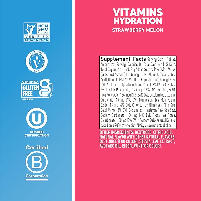 Nuun Hydration Vitamins Electrolyte Tablets, Strawberry Melon, 5 Essential Electrolytes for Hydration + Vitamin A, B6, C, D, E, with Magnesium, Vegan, Non-GMO, 8 Pack (96'Servings)