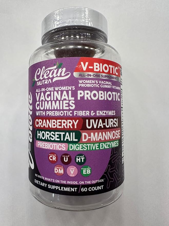 Clean Nutraceuticals Vaginal Probiotics for Women Gummies with Cranberry, Uva Ursi, Horsetail, D-Mannose, Prebiotics & Digestive Enzymes, Vaginal Health Supplement for pH Balance Flora Odor VBiotic