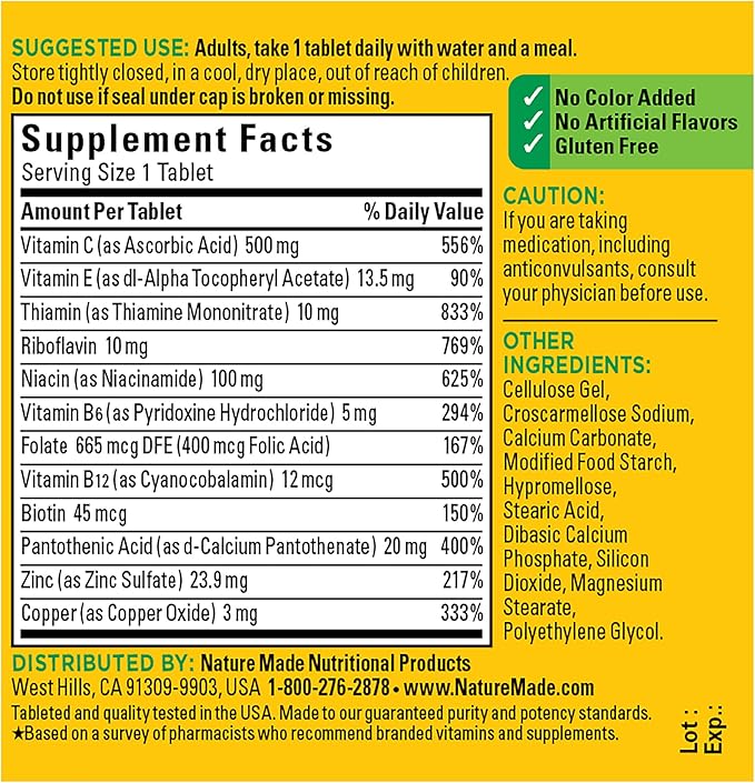 Nature Made Stress B Complex with Vitamin C and Zinc, Dietary Supplement for Immune Support, 75 Tablets, 75 Day Supply