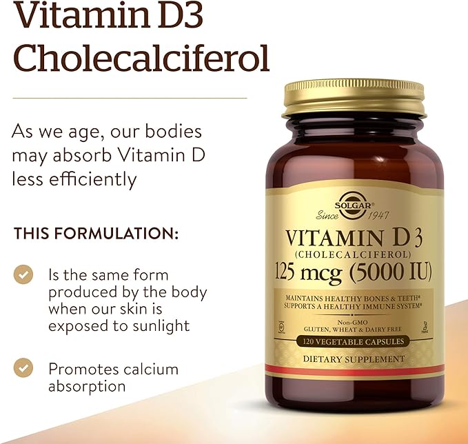 Solgar Vitamin D3 (Cholecalciferol) 125 Mcg (5000 IU), 120 Vegetable 120 Servings