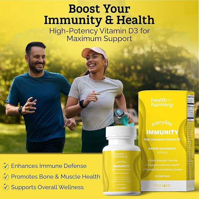 Everyday Immunity 4000 iu Vitamin D3 Supplement - Fast Acting Immune Support Supplement for Bone/Cellular Health - Non GMO, Dietary Supplements - Utilizes VesisorbĀ® (60 softgels)