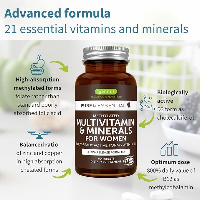 Igennus Methylated Women's Multivitamin, Methylated Folate for MTHFR, Clean Label & Sustained Release, with Iron, Non-GMO, Halal, 60 Vegan Tablets