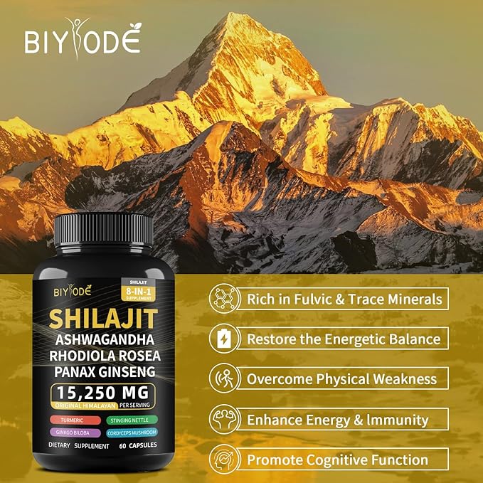 Shilajit Capsules Himalayan 8-in-1 Concentrated Organic, 15250mg of 60 Caps, 30 Day