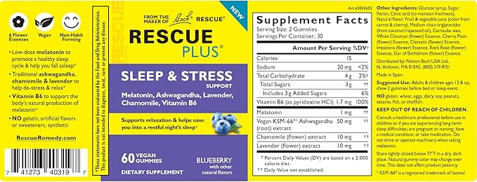 Bach RESCUE PLUS Sleep & Stress 1mg Melatonin, B6, Natural 60 Count