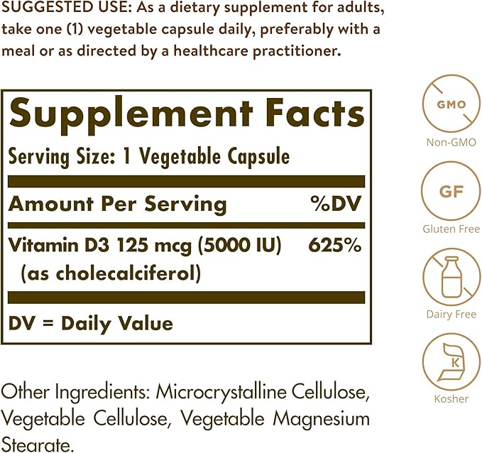 Solgar Vitamin D3 Cholecalciferol 125 mcg 5000 IU 360 Count