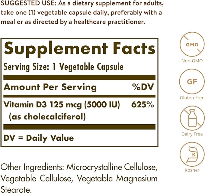 Solgar Vitamin D3 (Cholecalciferol) 125 Mcg (5000 IU), 120 Vegetable 120 Servings