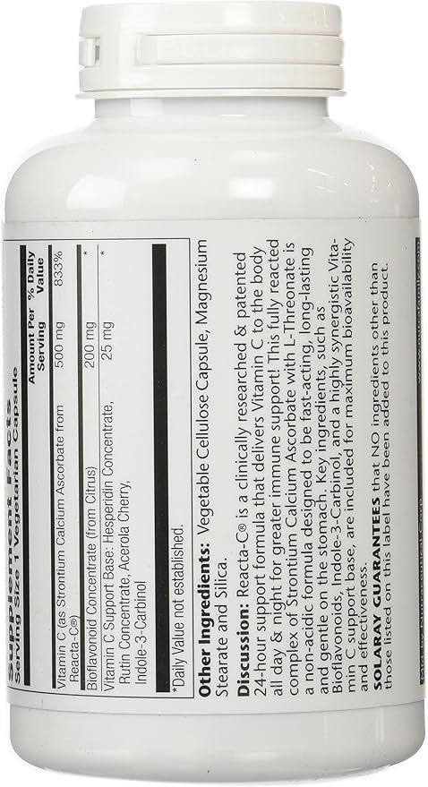 SOLARAY Reacta-C with Vitamin C 500mg 200mg Bioflavonoid 24 Hour 180 Capsules, 180 Servings