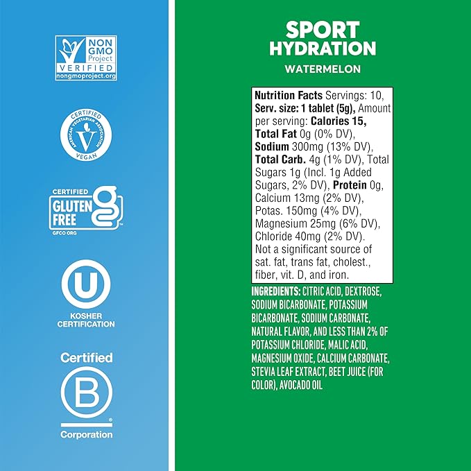 Nuun Sport Electrolyte Tablets - Dissolvable in Water, Watermelon, 5 Essential Electrolytes for Hydration, 1g Sugar Drink Mix, Vegan, Non-GMO, 4 Pack (40 Total Servings)