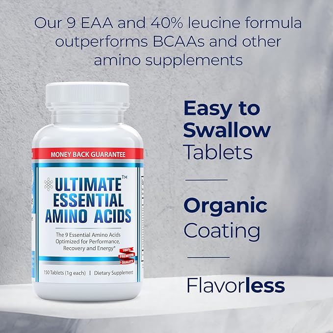 Ultimate 100% Essential Amino Acid Supplement - 150 Easy-to-Swallow, 1g Coated Tablets - All 9 EAA with 40% Leucine in Optimized BCAA Ratio - Increase Energy, Lean Muscle & Recovery - Keto & Vegan