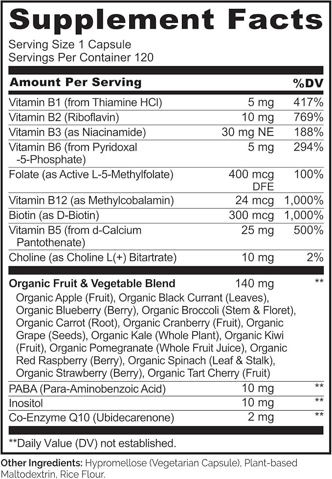 NATURELO Vitamin B Complex with Methyl B12, Methyl B6, Biotin CoQ10, and 120 Capsules
