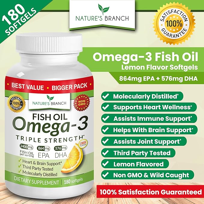Best Triple Strength Omega 3 Fish 180 Capsules 2400mg High 864mg EPA 576mg DHA