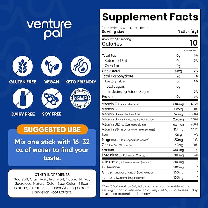 Venture Pal Liver Cleanse Detox & Repair, Liver Support with Milk Thistle + Ginger & Turmeric + L-Theanine + 5 Vitamins & 7 Electrolytes, Rapid Rehydration & Weekend Recovery Powder Packets, 12 Sticks