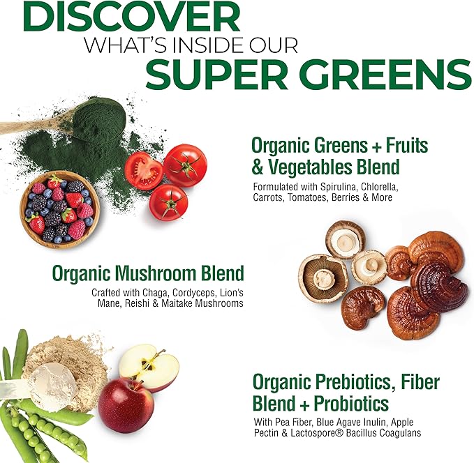 COUNTRY FARMS Organic Super Greens Natural Flavor, 50 Organic Super Foods, Packed with Fiber, USDA Organic Drink Mix, Fruits, Vegetables, Mushrooms & Probiotics, Supports Energy, 6g Fiber