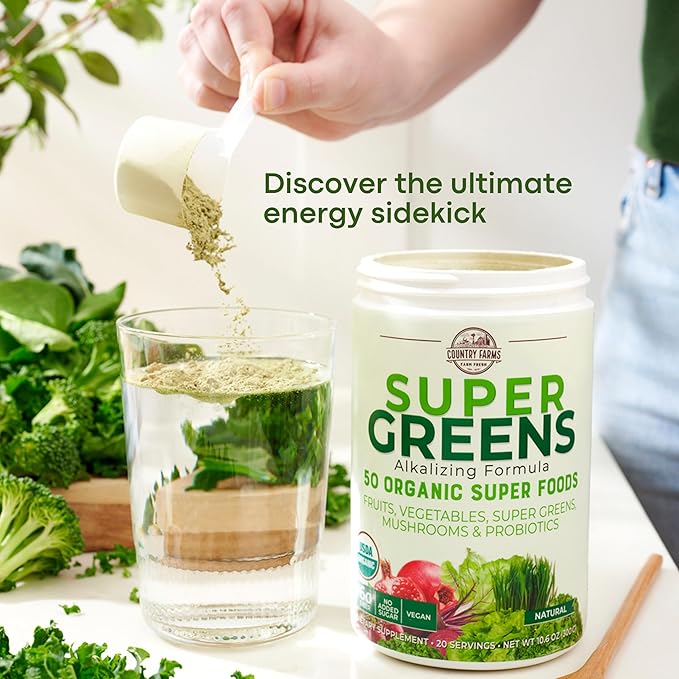 COUNTRY FARMS Super Greens Natural Flavor, 50 Organic 20 Servings, 10.6 Oz