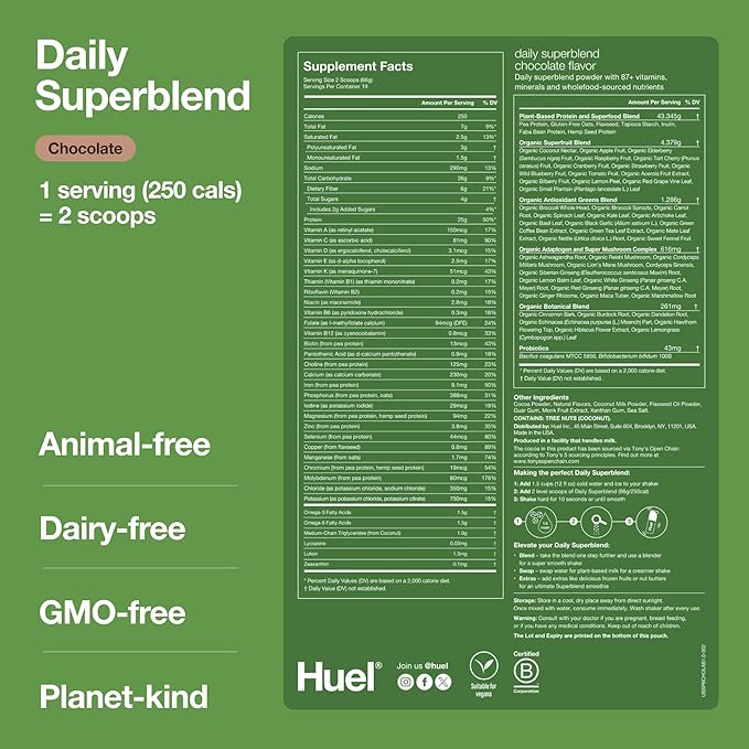 Huel Daily Superblend Chocolate Powder, 25g 87 Vitamins, 19 Servings,