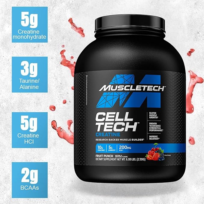 Creatine Monohydrate Powder | MuscleTech Cell-Tech Creatine Powder | Post Workout Recovery Drink | Muscle Builder for Men & Women | Musclebuilding Creatine Supplements | Fruit Punch, 6 lbs (56 Serv)
