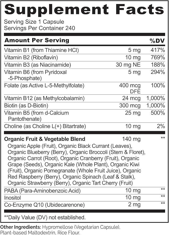 NATURELO B Complex B6, Folate, B12, Biotin 240 Capsules